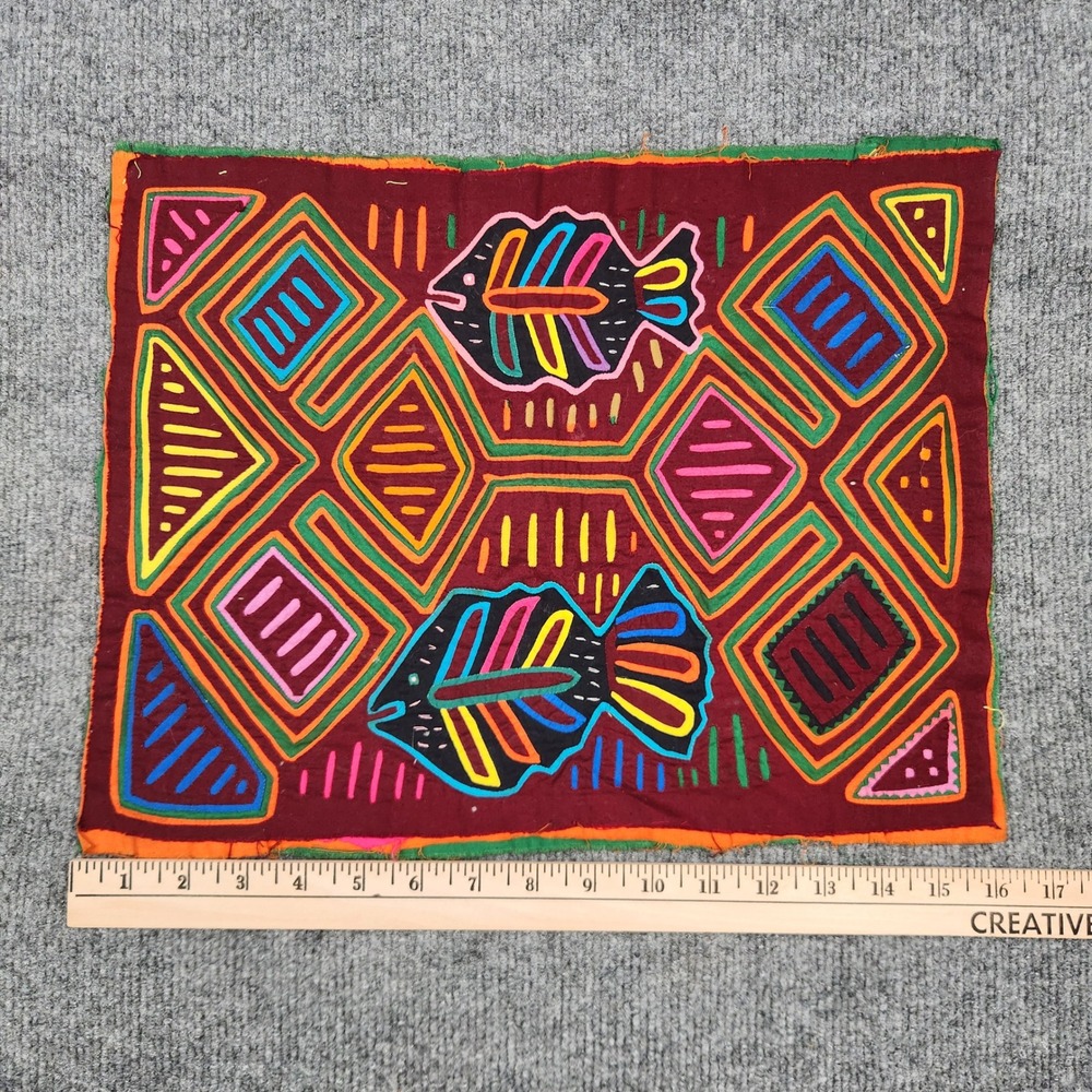Vintage Panama Mola Textile Art Handmade Fish Geometric Reverse Applique 16x12.5 - Picture 2 of 4